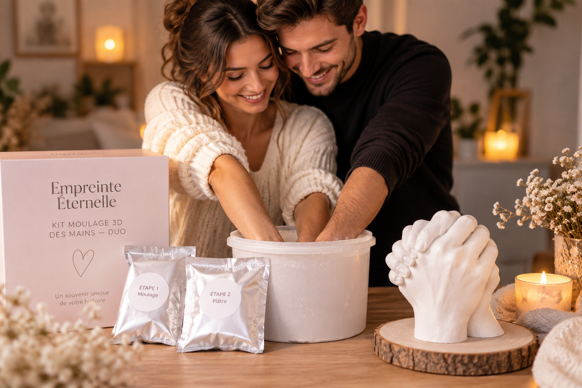 Couple réalisant un moulage 3D de leurs mains avec le kit Empreinte Éternelle