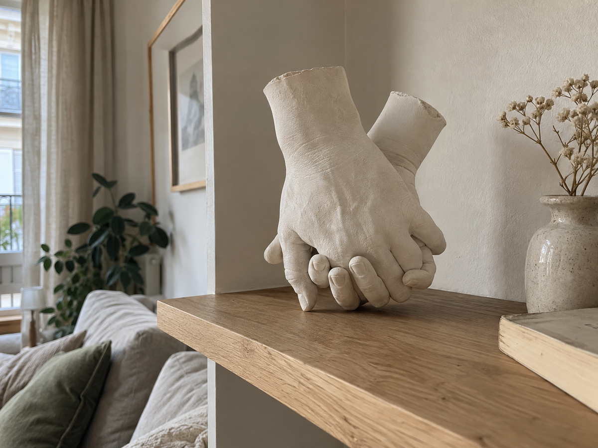 Visuel d’inspiration : sculpture de mains en plâtre sur une étagère près d’une fenêtre