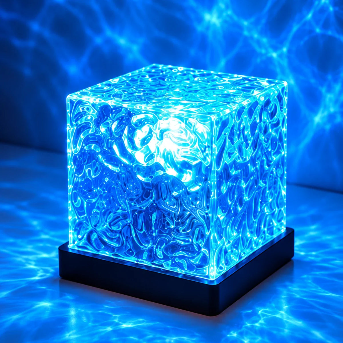 Lampe effet vagues — vue détaillée illustrative du cube lumineux bleu
