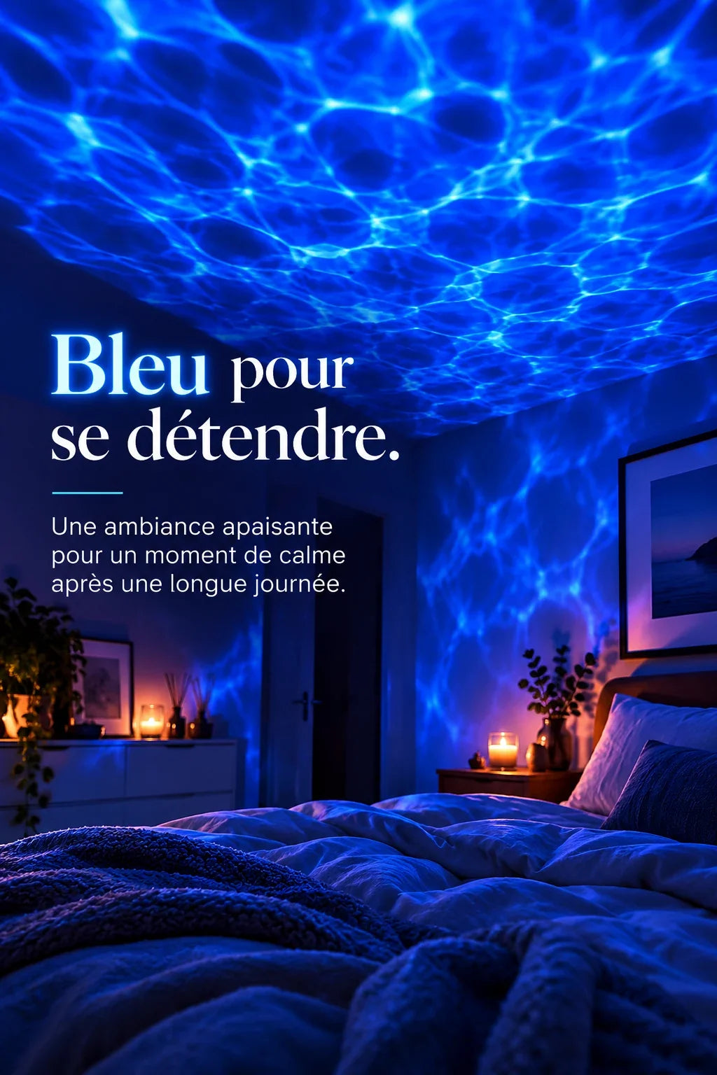 Projection effet vagues bleu au plafond d’une chambre — scène d’ambiance illustrative