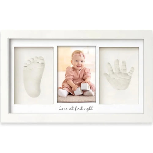Cadre photo bébé blanc panoramique avec empreintes de main et de pied