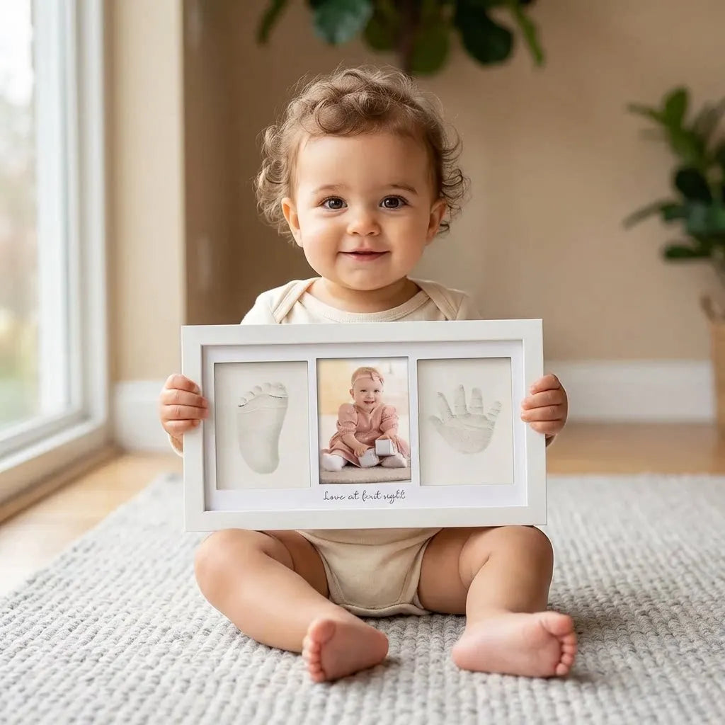 Enfant tenant un cadre souvenir avec photo et empreintes de bébé