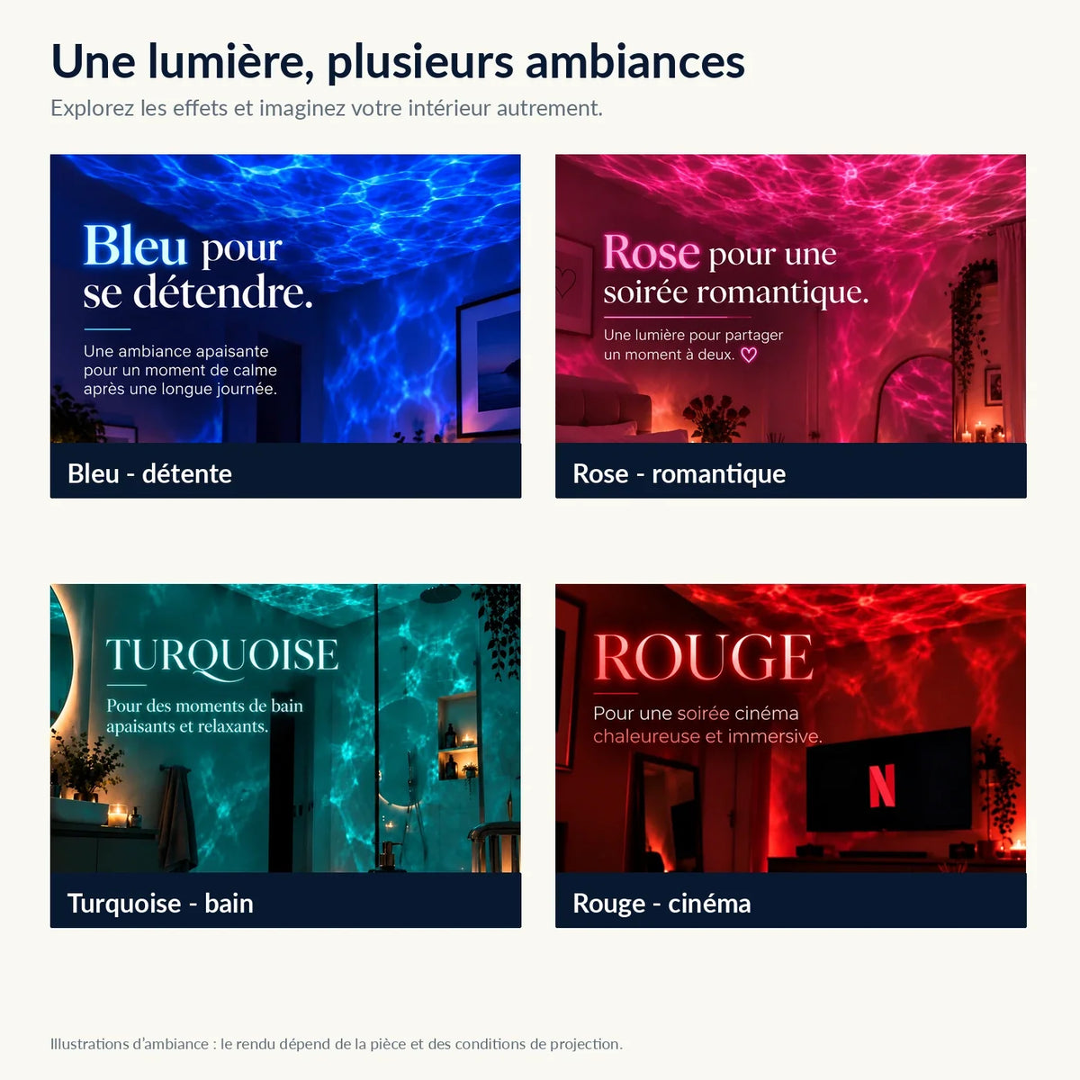 Exemples d'ambiances lumineuses bleue, rose, turquoise et rouge — illustrations