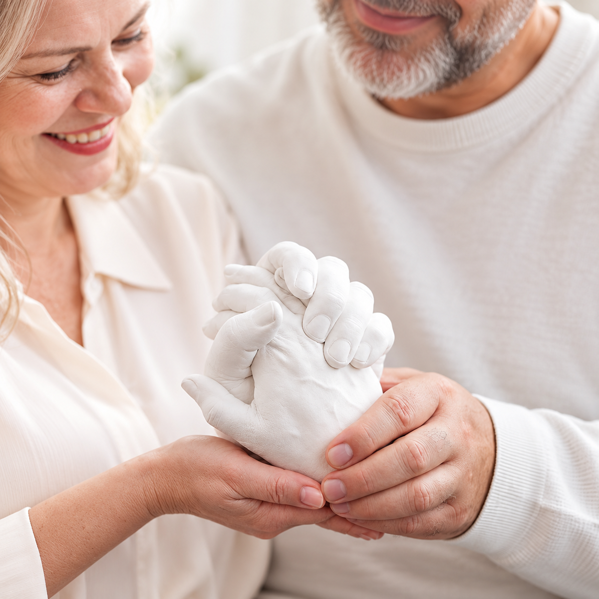 Couple tenant une sculpture 3D de leurs mains enlacées