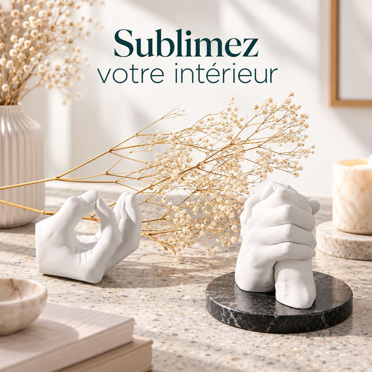 Sculpture de mains enlacées présentée dans une décoration intérieure élégante